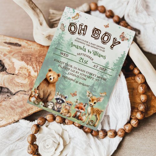 Woodland Animals Oh Boy Boho baby shower Invitation