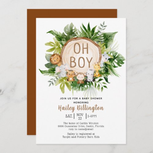 Woodland Animals Oh Boy Watercolor Baby Shower Invitation