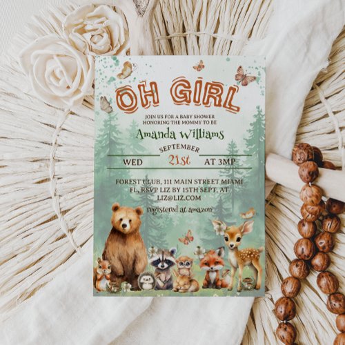 Woodland animals Oh Girl Spring Summer baby shower Invitation