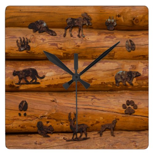Woodland Animals on Logs Square Wall Clock