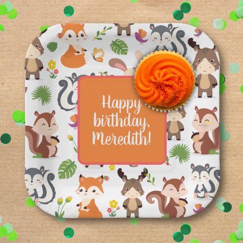 Woodland Animals Orange Cute Pattern Kids Birthday Paper Plates