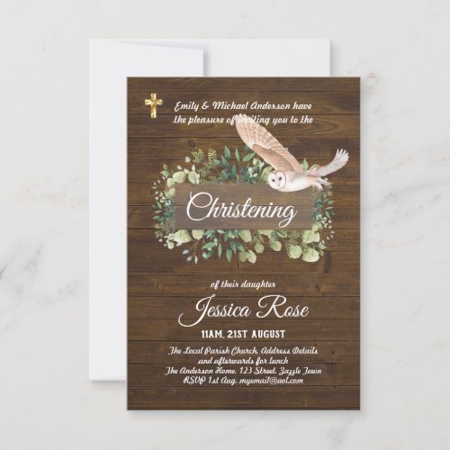 Woodland Animals Owl Christening Invite Baptism 