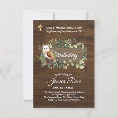 Woodland Animals Owl Christening Invite Baptism 