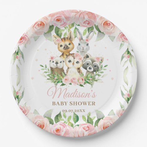 Woodland Animals Owl Pink Floral Girl Baby Shower Paper Plates