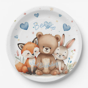 Woodland Animals Party Pastel Blue Hearts Floral  Paper Plates