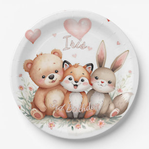 Woodland Animals Party Pastel Pink Hearts Floral  Paper Plates