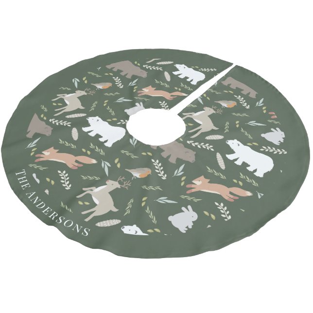 Woodland Animals Pattern Green Holiday Christmas Brushed Polyester Tree Skirt (Angled)