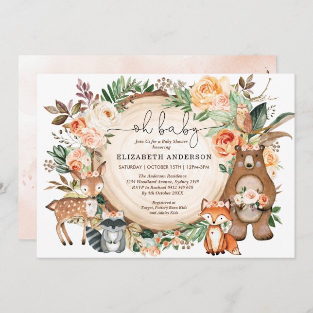 Woodland Animals Peach Orange Floral Baby Shower Invitation (Front/Back)