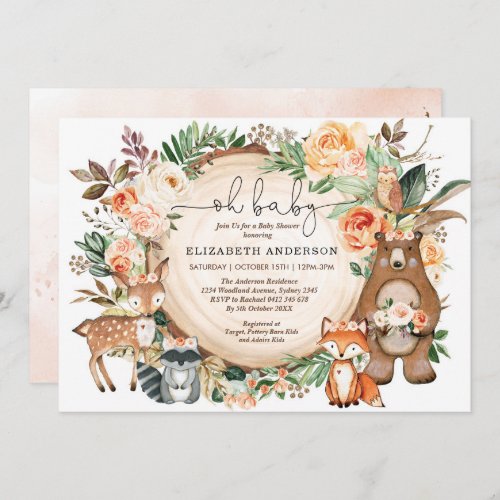 Woodland Animals Peach Orange Floral Baby Shower Invitation