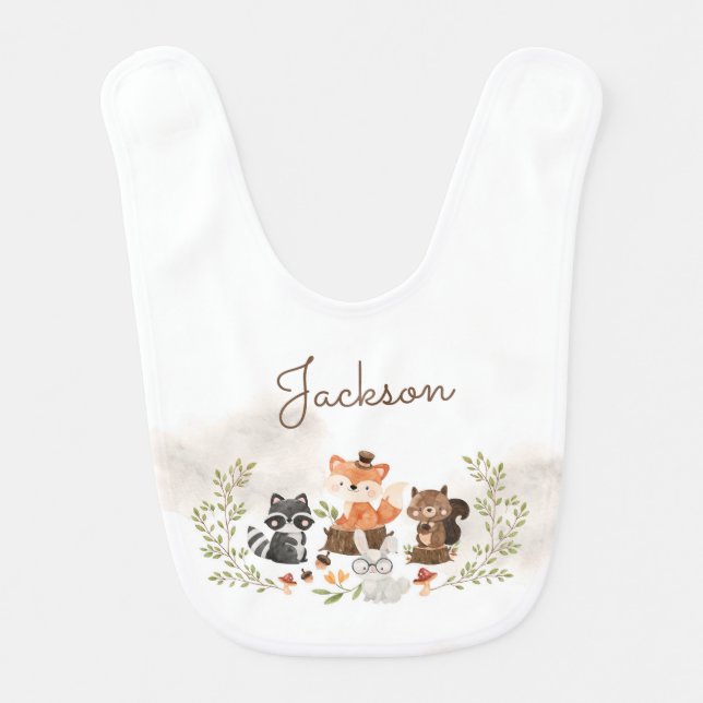Woodland Animals Personalized Baby Bib (Front)