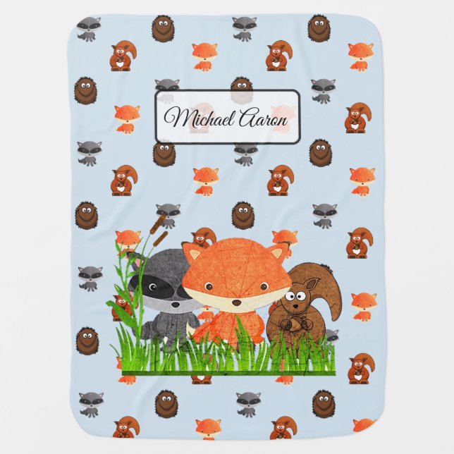 Woodland Animals Personalized Baby Boy Blanket (Front)