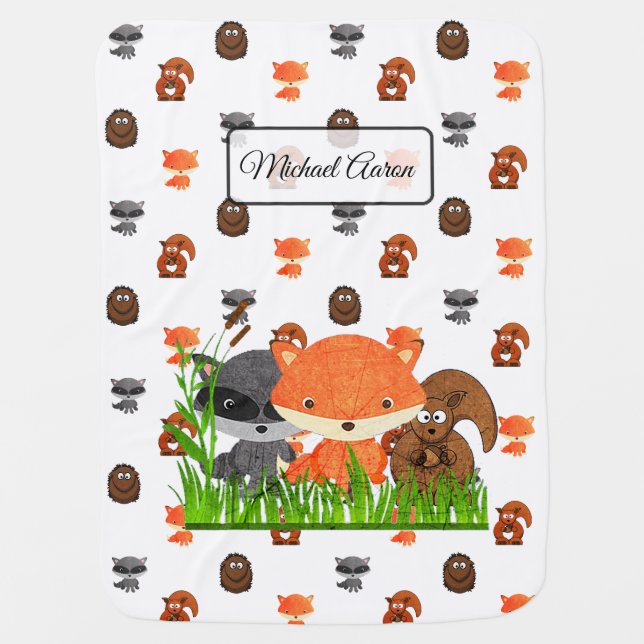 Woodland Animals Personalized Baby Boy Blanket (Front)