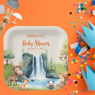 Woodland animals Personalized Orange Baby Shower Paper Plates