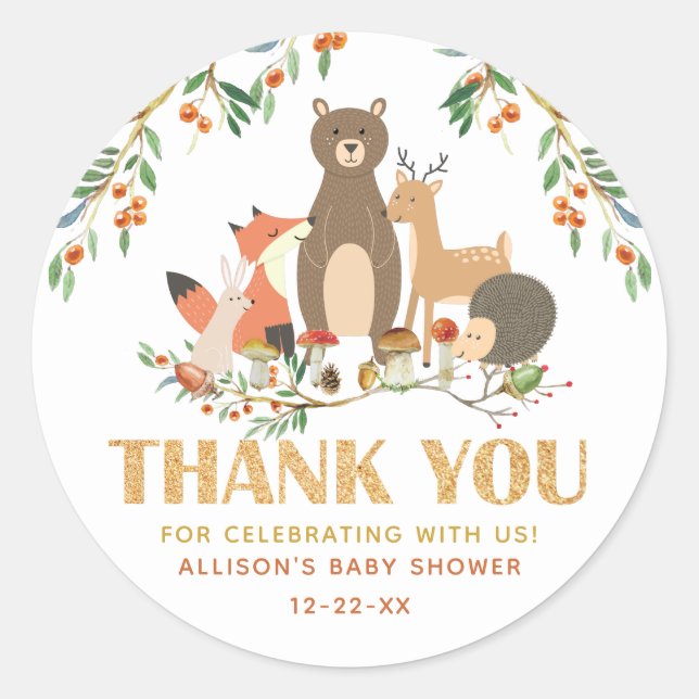 Woodland Animals personalized Thank You Classic Round Sticker (Front)