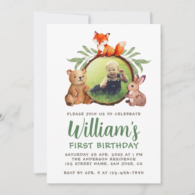 Woodland Animals Photo 1st Birthday Fox Bear Bunny Invitation (Front)
