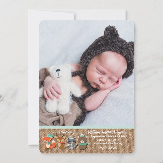 Woodland Animals Photo Birth Announcement (Front)