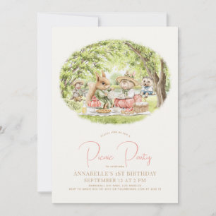 Woodland Animals Picnic Girl 1st Birthday Invitation