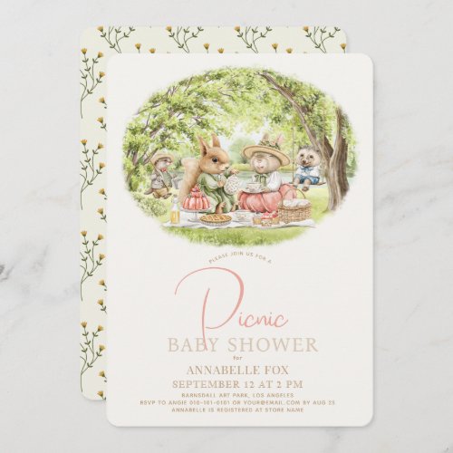 Woodland Animals Picnic Girl Baby Shower Invitation