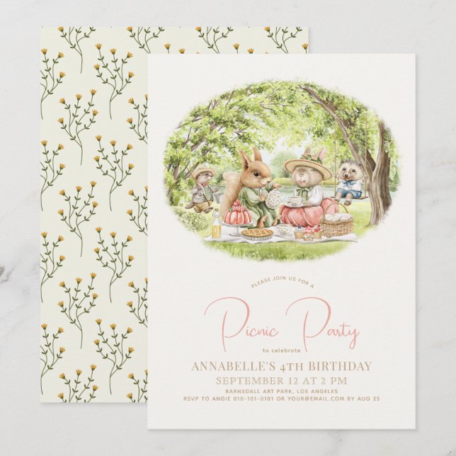 Woodland Animals Picnic Girl Birthday Invitation (Front/Back)