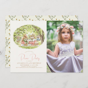 Woodland Animals Picnic Girl Birthday Photo Invitation