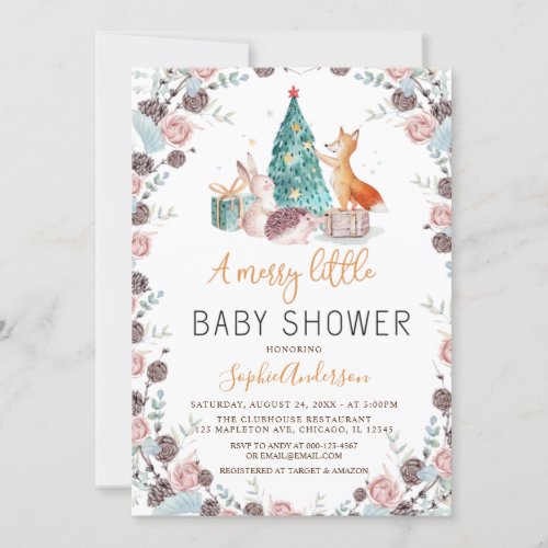 Woodland Animals Pine tree Christmas Baby Shower Invitation