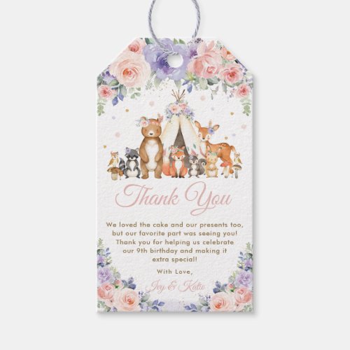 Woodland Animals Pink and Purple Floral Thank You  Gift Tags