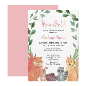 Woodland Animals Pink Baby Girl Baby Shower Invitation