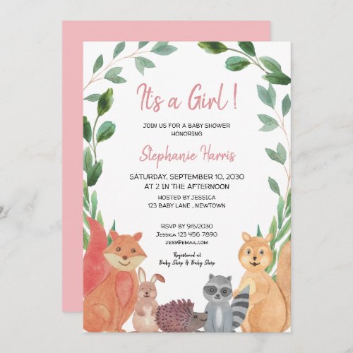 Woodland Animals Pink Baby Girl Baby Shower Invitation