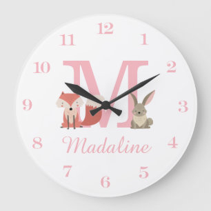 Woodland Animals Pink Baby Girl Initial Monogram Large Clock