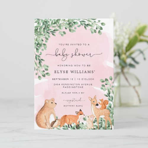 Woodland Animals Pink Baby Shower Invitation
