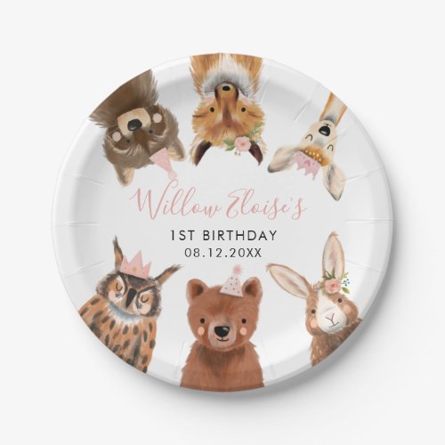 Woodland Animals Pink Birthday Party  Paper Plates