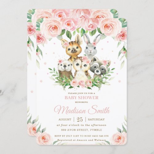 Woodland Animals Pink Blush Floral Baby Shower Invitation