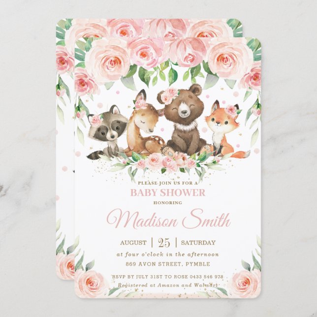 Woodland Animals Pink Blush Floral Baby Shower Invitation (Front/Back)