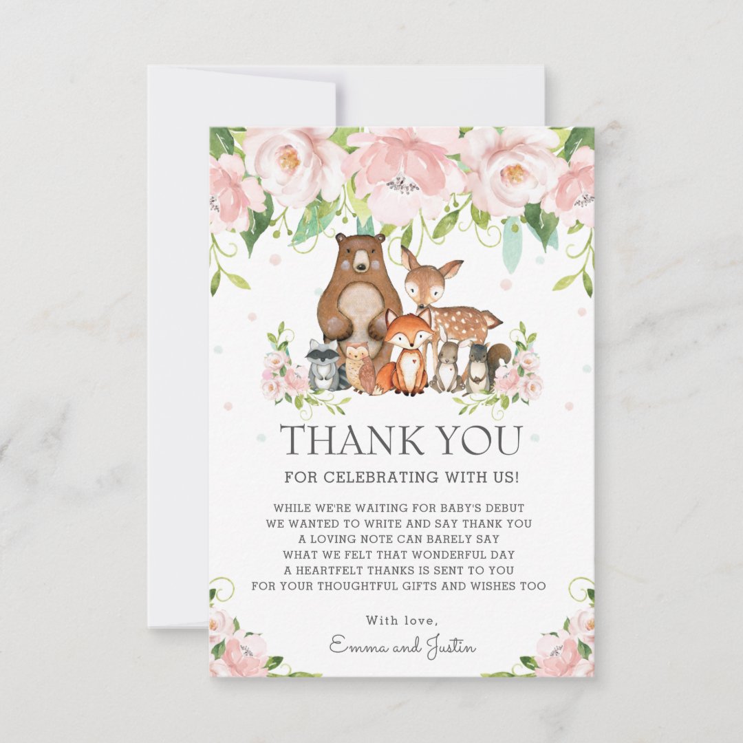 Woodland Animals Pink Blush Floral Baby Shower Thank You Card | Zazzle