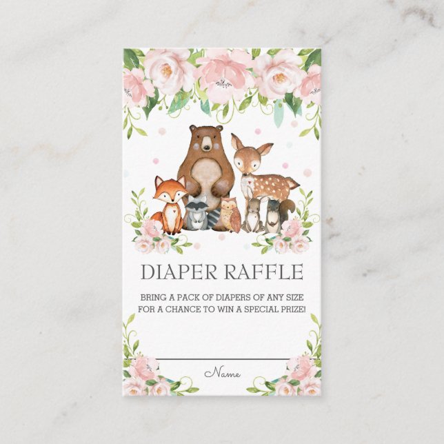 Woodland Animals Pink Blush Floral Diaper Raffle Enclosure Card (Front)