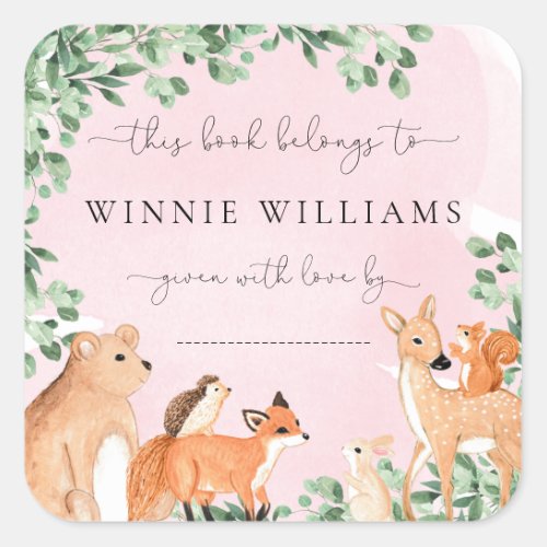 Woodland Animals Pink Bookplate Sticker