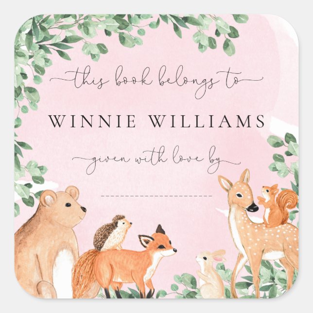 Woodland Animals Pink Bookplate Sticker (Front)