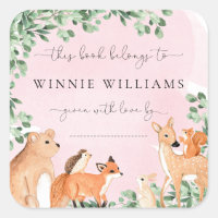 Woodland Animals Pink Bookplate Sticker