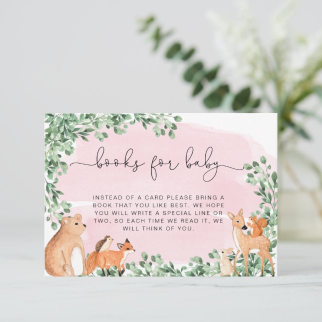 Woodland Animals Pink Books Request Insert Card (Standing Front)