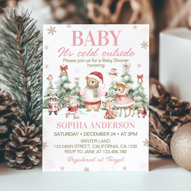 Woodland Animals Pink Christmas Winter Baby Shower Invitation (Creator Uploaded)