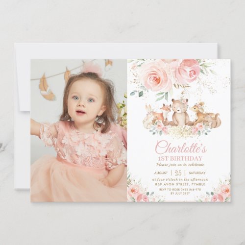 Woodland Animals Pink Floral 1st Birthday Photo Invitation