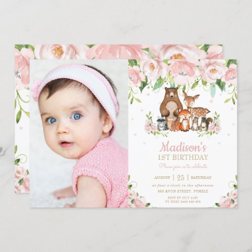 Woodland Animals Pink Floral 1st Birthday Photo Invitation