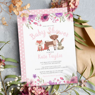 Woodland Animals Pink Floral Baby Girl Shower Invitation