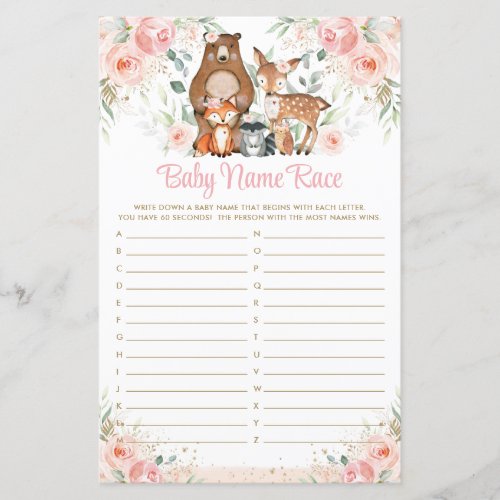 Woodland Animals Pink Floral Baby Name Race Game