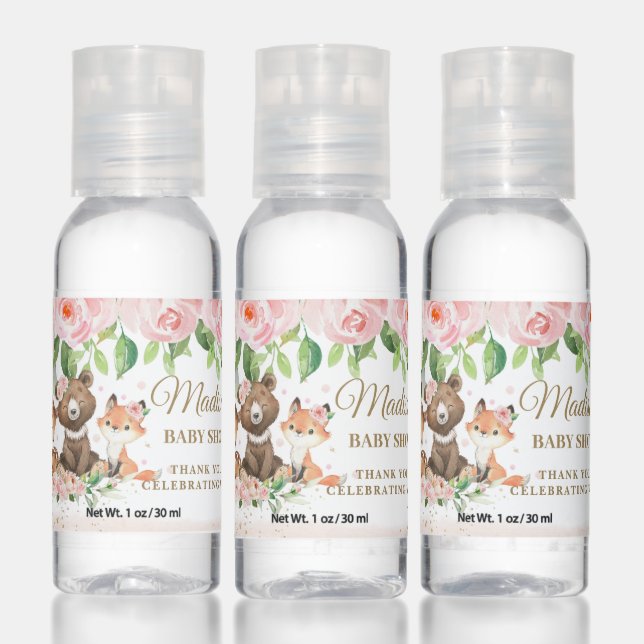 Woodland Animals Pink Floral Baby Shower Favor Hand Sanitizer (Set)