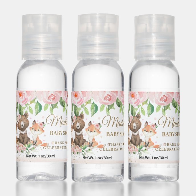 Woodland Animals Pink Floral Baby Shower Favor Hand Sanitizer