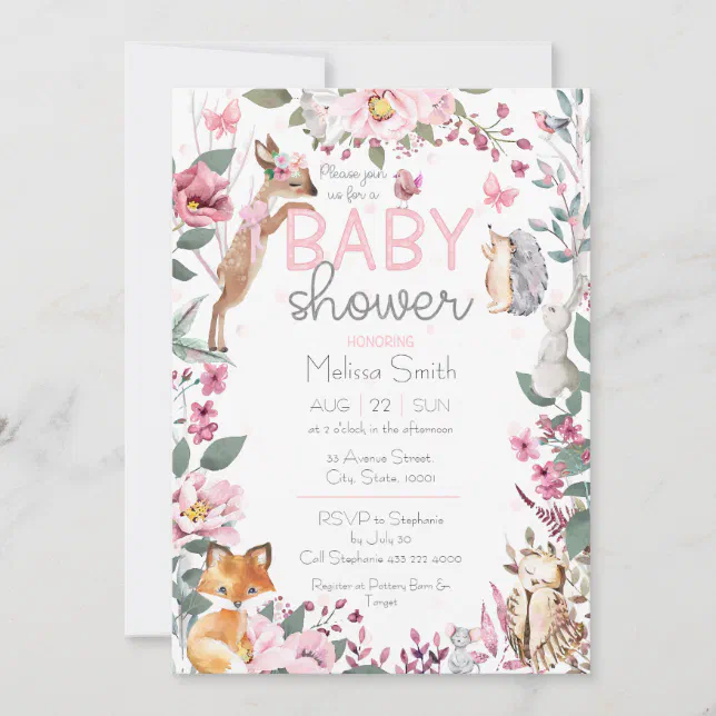 Woodland Animals Pink Floral Baby Shower Invitation | Zazzle