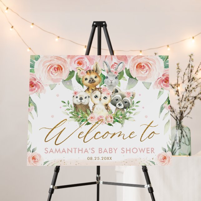 Woodland Animals Pink Floral Baby Shower Welcome   Foam Board (In Situ (Stand))