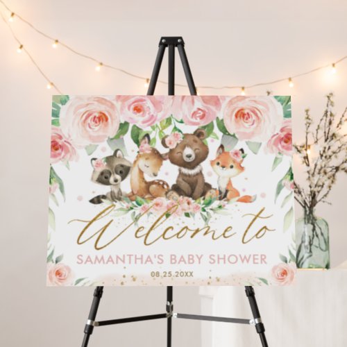 Woodland Animals Pink Floral Baby Shower Welcome   Foam Board