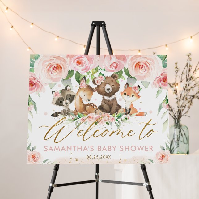 Woodland Animals Pink Floral Baby Shower Welcome   Foam Board (In Situ (Stand))
